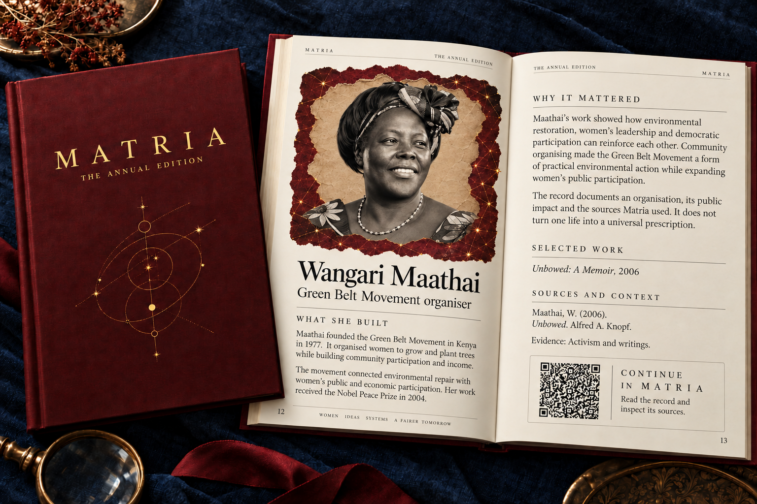 Concept mockup of a two-page Wangari Maathai feature in the Matria Annual Edition