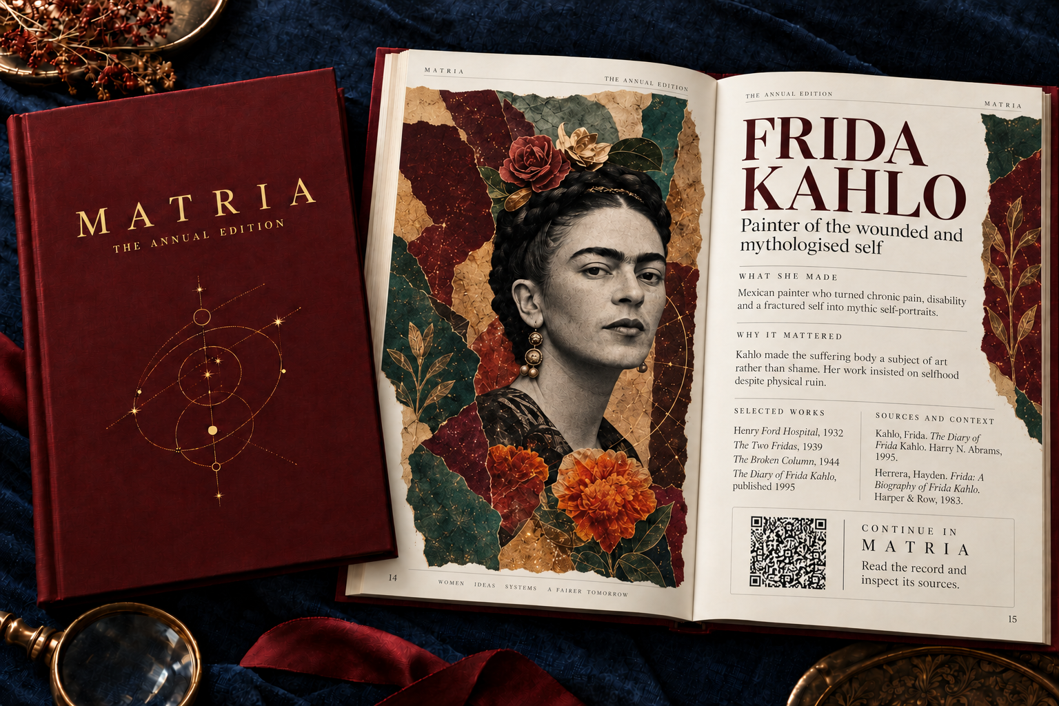 Concept mockup of a contemporary Frida Kahlo feature in the Matria Annual Edition