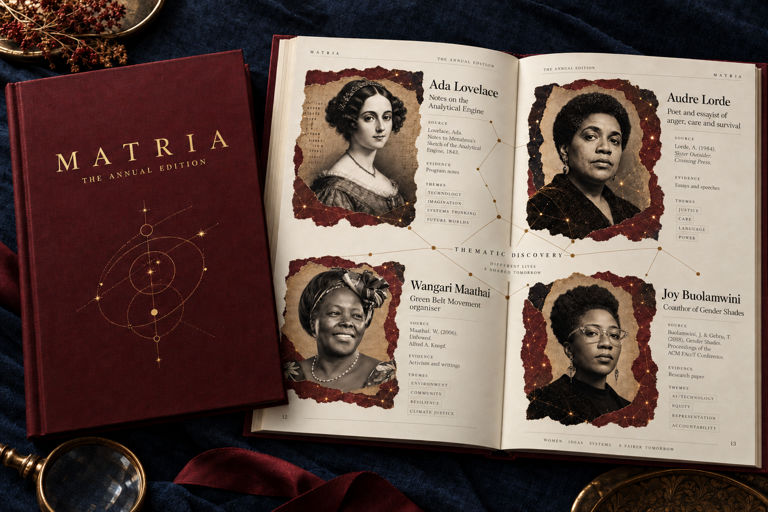 Concept mockup of the Matria Annual Edition featuring Ada Lovelace, Audre Lorde, Wangari Maathai and Joy Buolamwini