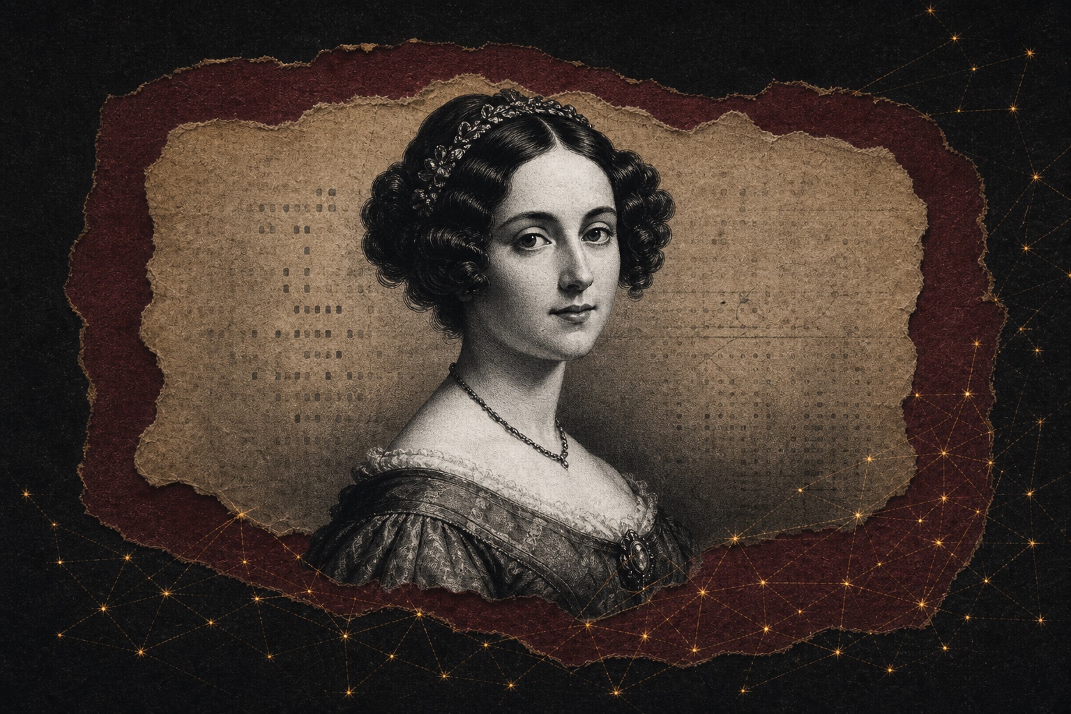 Matria archive collage of Ada Lovelace framed by burgundy paper and constellation threads.