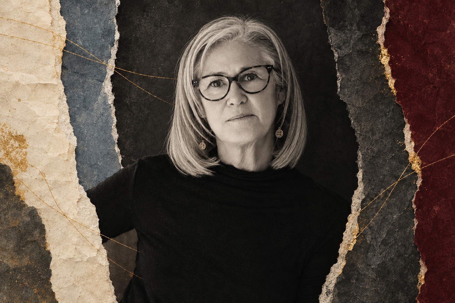 Matria archive collage of Patricia McCormick framed by torn paper and gold threads.