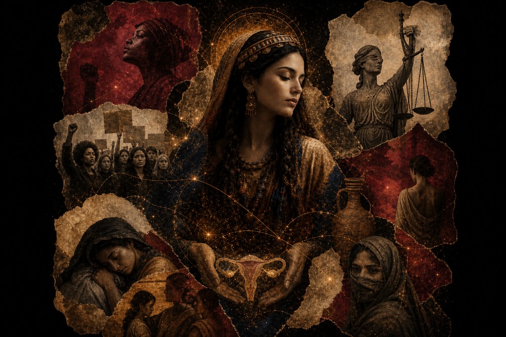 A dark gold collage of women across history, linked by constellation threads